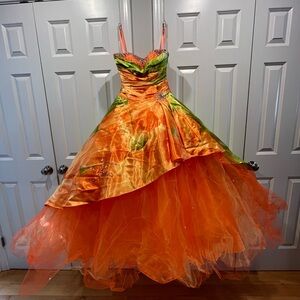 Vibrant Orange and Green Strapless Gown